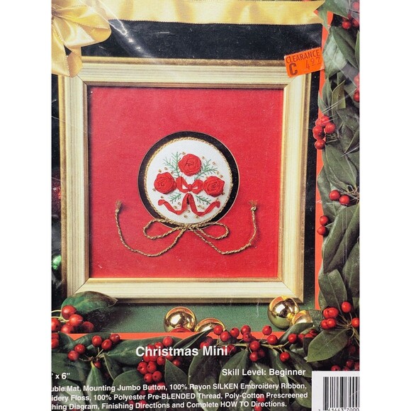 Christmas Mini Ribbon Embroidery KIT Red Roses Beginner Craft USA 6"  Cottage - Picture 2 of 7